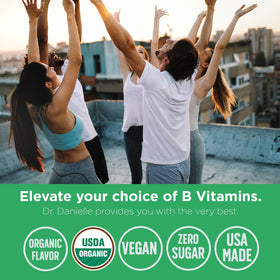 Flacon de vitamines B avec des fruits frais en arrière-plan
