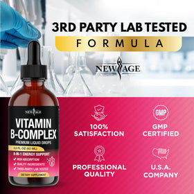 Flacon de vitamines B NEW AGE sur un fond de fruits