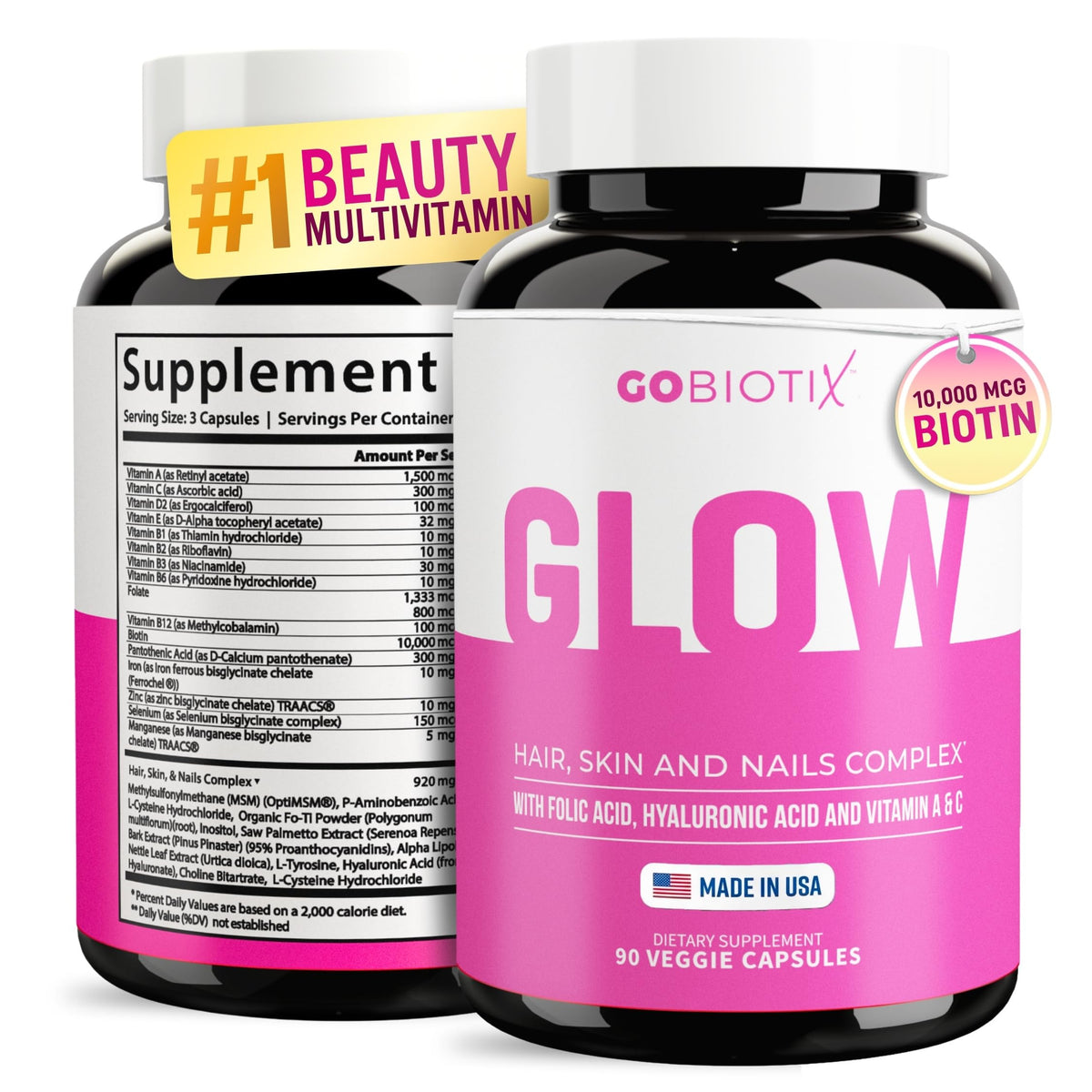 Flacon de vitamines GOBIOTIX pour cheveux, peau et ongles, vue avant