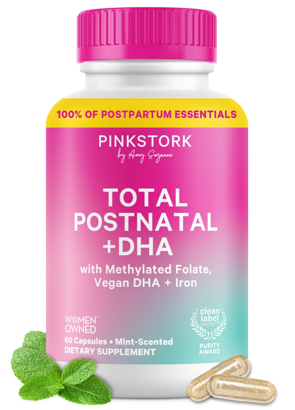 Flacon de vitamines postnatales Pink Stork 60 capsules menthe