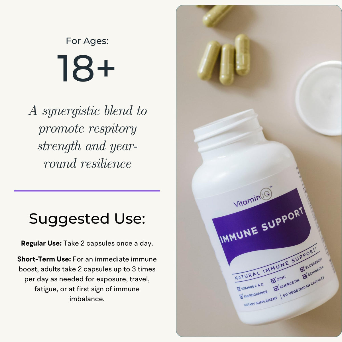 Flacon de VitaminIQ avec étiquette détaillant les ingrédients