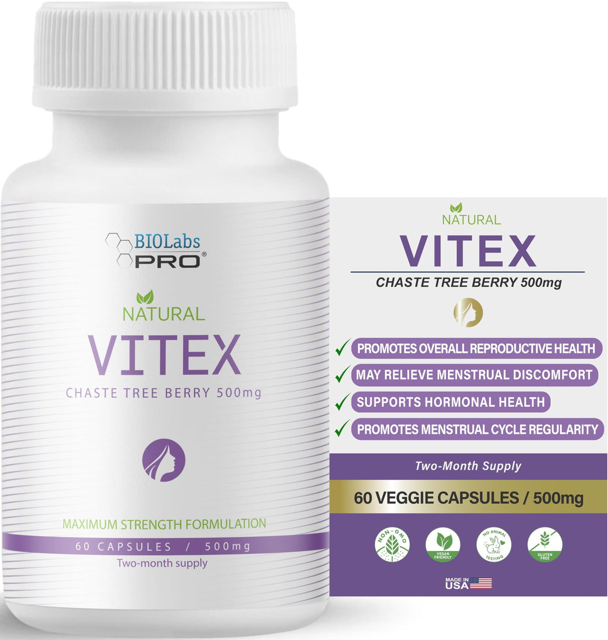 Flacon de Vitex Chasteberry BIOLABS PRO 500mg vue de face