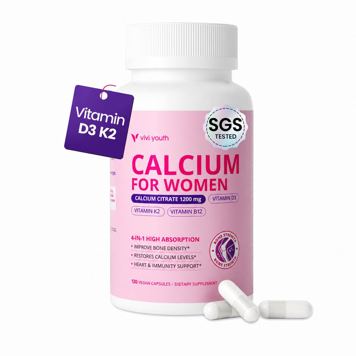 Flacon de VIVI Youth Compléments Alimentaires Calcium 1200 mg avec Vitamine D3