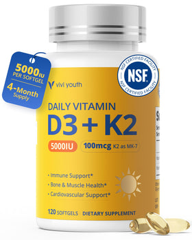 Flacon de VIVI Youth D3 K2 5000 UI 120 capsules vue avant