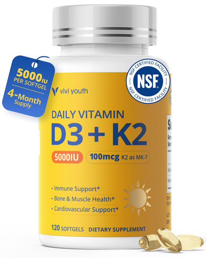 Flacon de VIVI Youth D3 K2 5000 UI 120 capsules vue avant