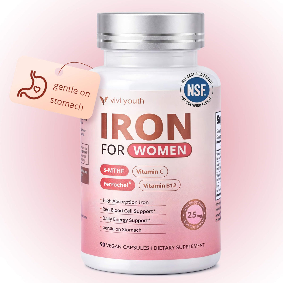 Flacon de VIVI Youth Fer Bisglycinate 90 capsules vegan