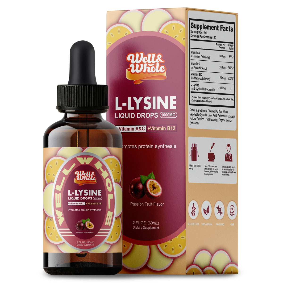 Flacon de Well&Whole L-Lysine Liquide 1000 mg avec vitamines A, C et B12