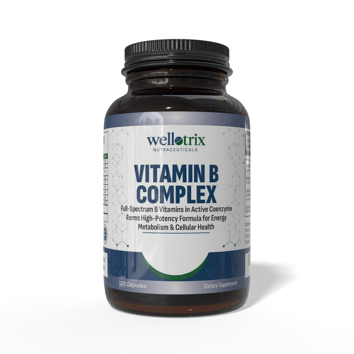 Flacon de Wellotrix Advanced B-Complex 120 capsules, devant et côté