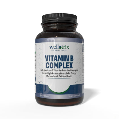 Flacon de Wellotrix Advanced B-Complex 120 capsules, devant et côté