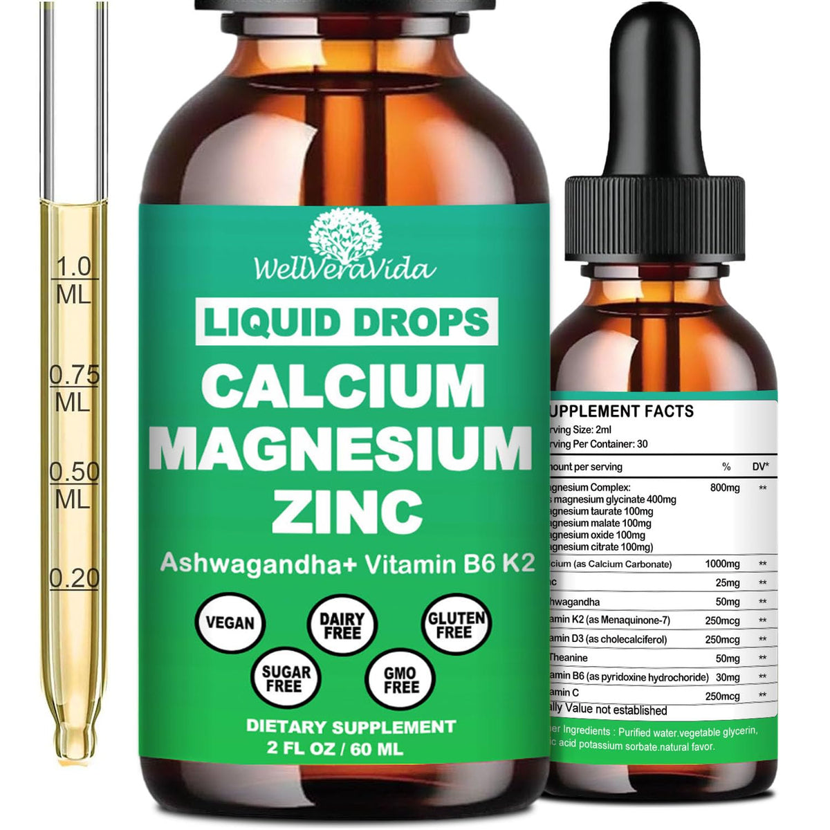 Flacon de WellVeraVida Calcium Magnésium Zinc Liquide 1000 mg vue avant