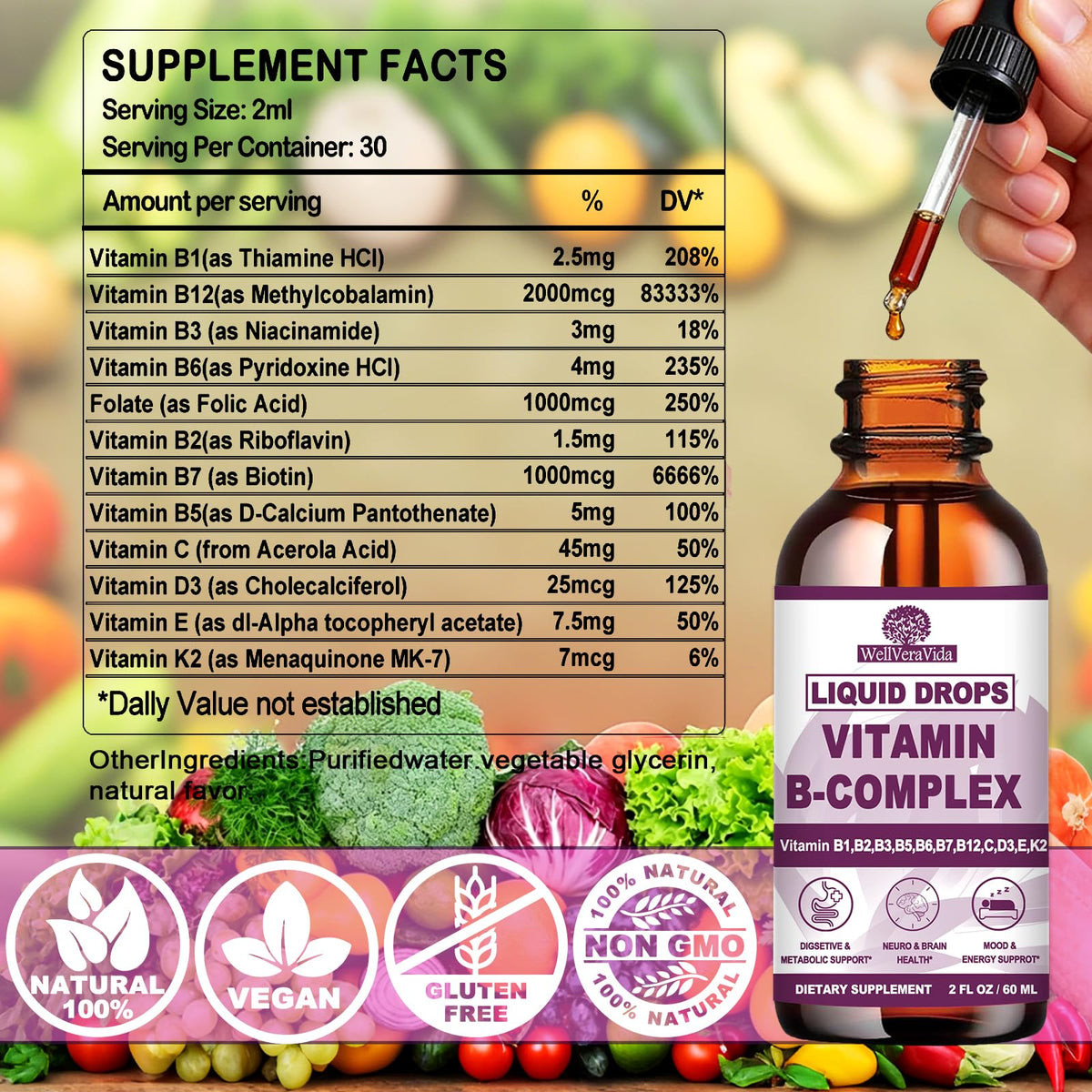 Flacon de WellVeraVida Complexe de Vitamines B sur une table