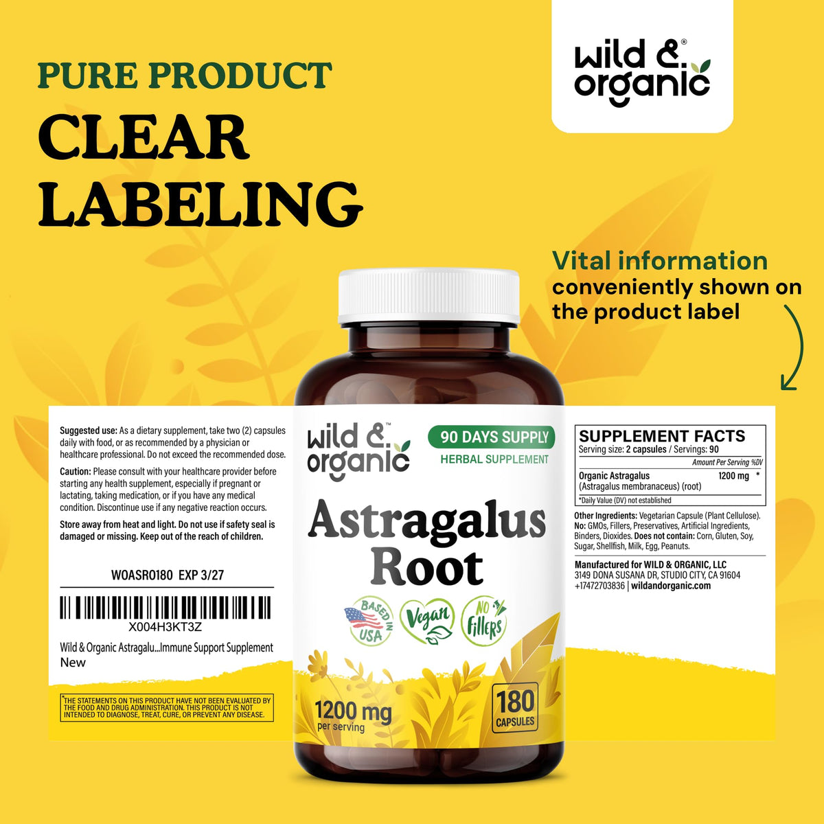 Flacon de Wild & Organic Astragalus avec dosage indiqué