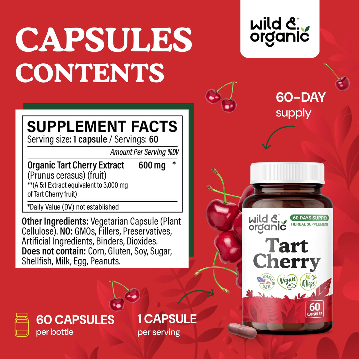 Flacon de Wild & Organic avec 60 capsules de cerise acidulée