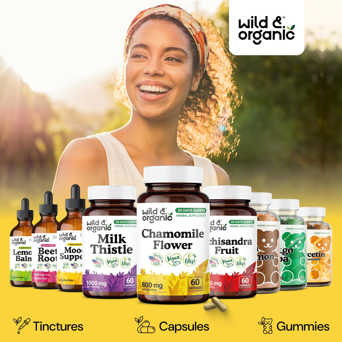 Flacon de Wild & Organic avec capsules de camomille sur une table