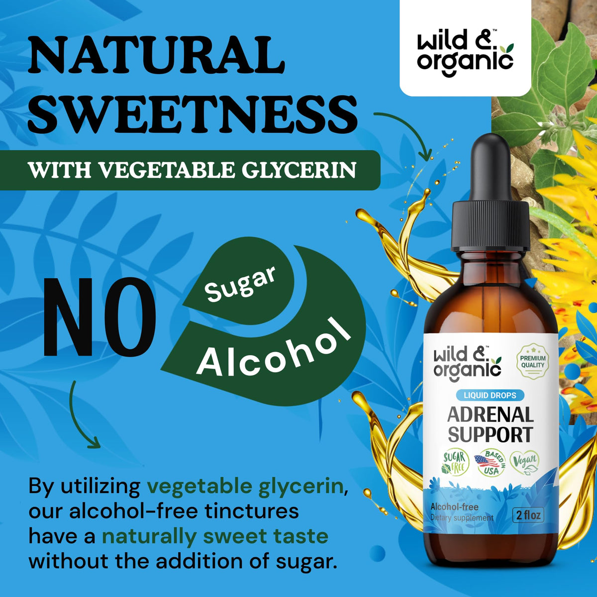 Flacon de Wild & Organic avec des ingrédients naturels en arrière-plan
