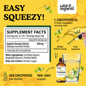 Flacon de Wild & Organic Bacopa Monnieri avec dosage sur l'étiquette