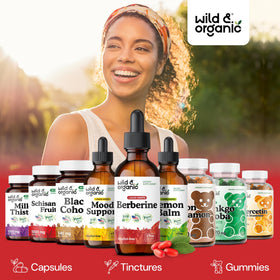 Flacon de Wild & Organic Berbérine 500mg HCL sur un fond neutre