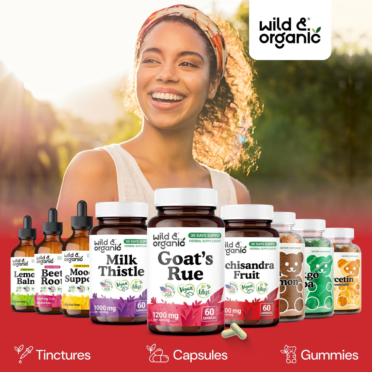 Flacon de Wild & Organic Capsules avec un verre d'eau