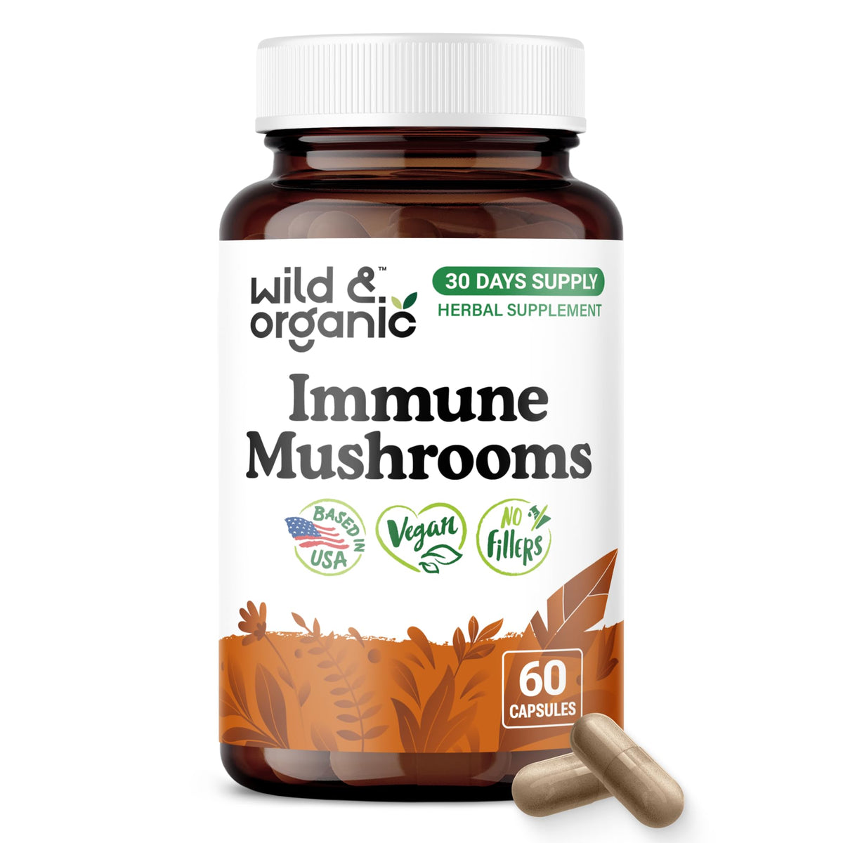 Flacon de Wild & Organic contenant 60 capsules de champignons