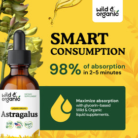 Flacon de Wild & Organic Extrait d'Astragale avec des ingrédients naturels en arrière-plan