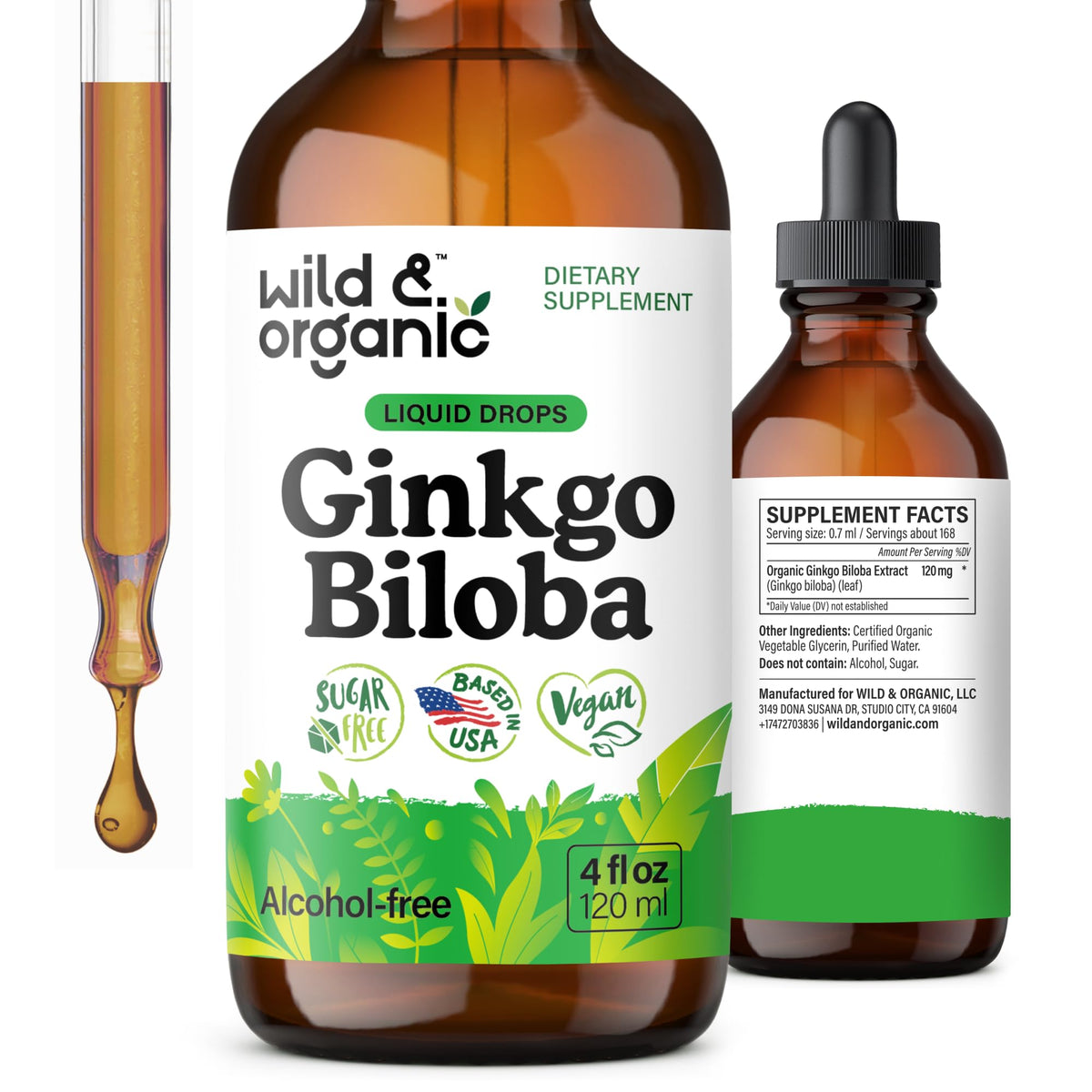 Flacon de Wild & Organic Ginkgo Biloba Extrait Liquide 120 mg, avant