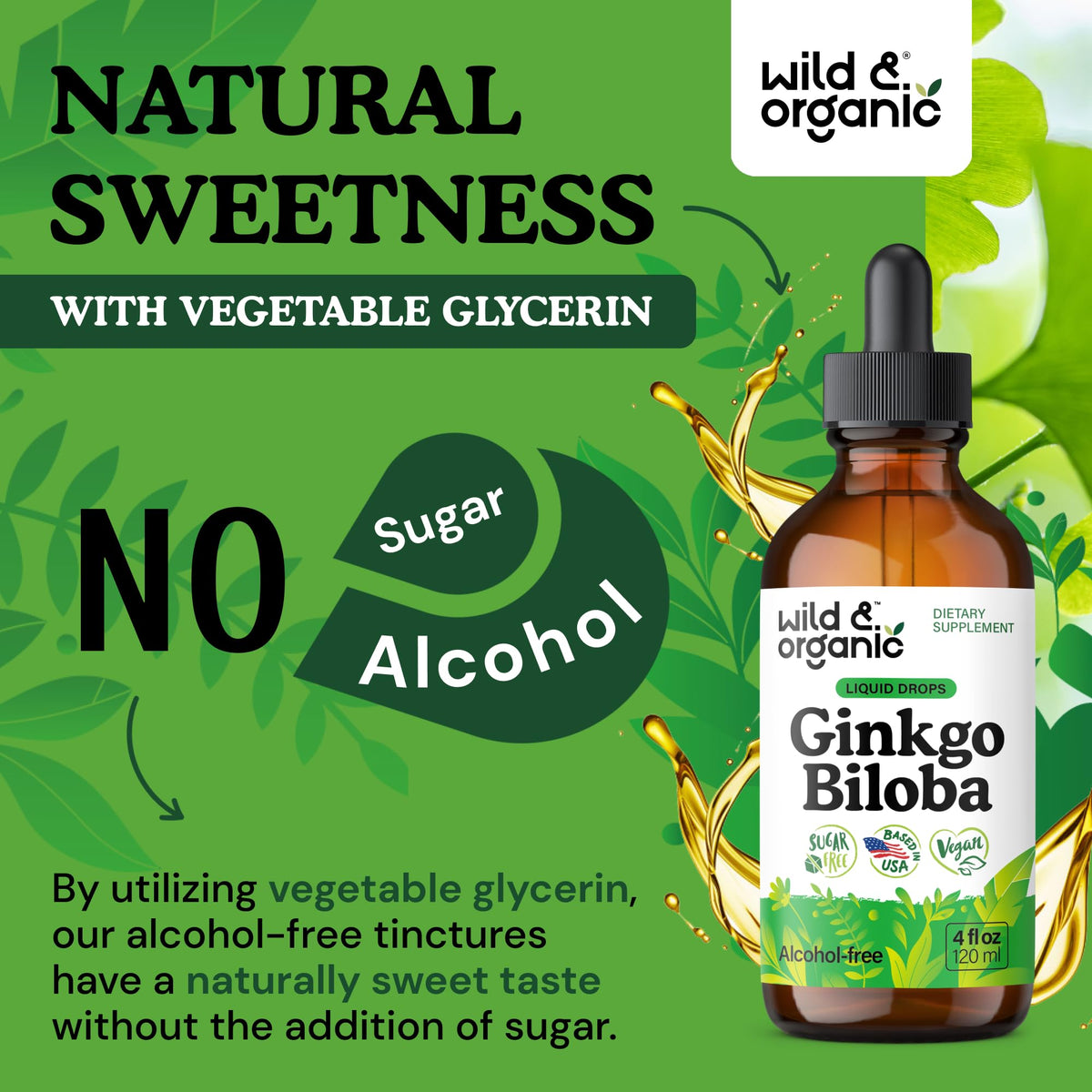 Flacon de Wild & Organic Ginkgo Biloba Extrait Liquide avec étiquette visible