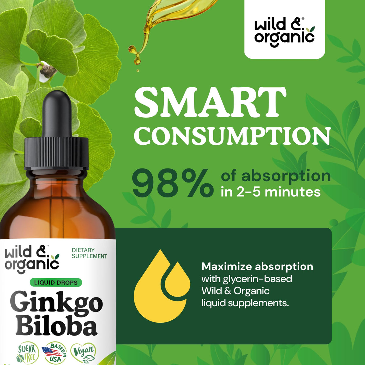Flacon de Wild & Organic Ginkgo Biloba Extrait Liquide sur fond neutre