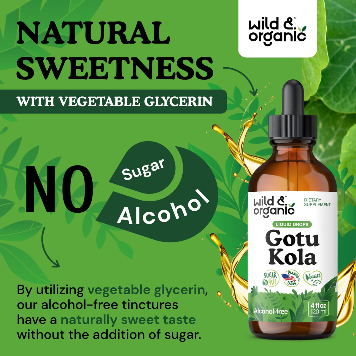 Flacon de Wild & Organic Gotu Kola avec des herbes en arrière-plan