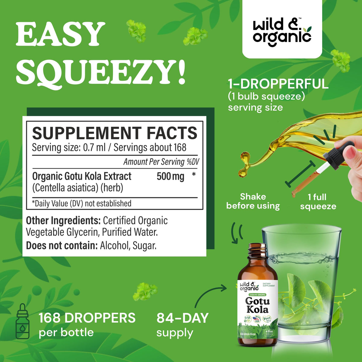 Flacon de Wild & Organic Gotu Kola sur un plan de travail en bois