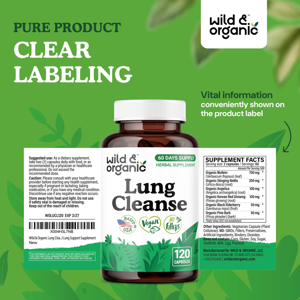 Flacon de Wild & Organic Mullein avec capsules à côté