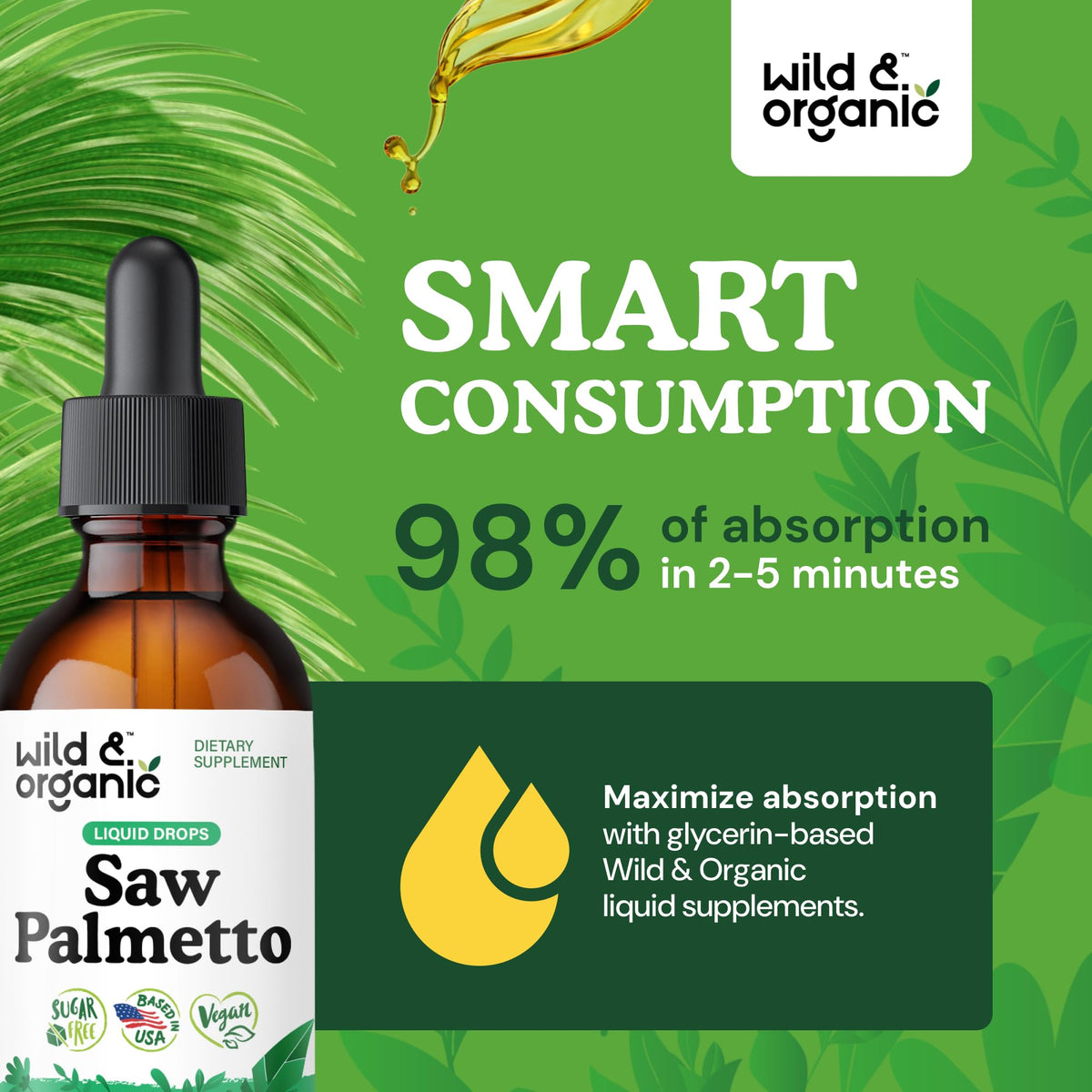 Flacon de Wild & Organic Saw Palmetto sur une table en bois