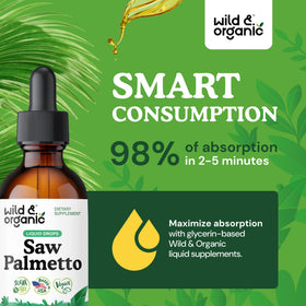 Flacon de Wild & Organic Saw Palmetto sur une table en bois