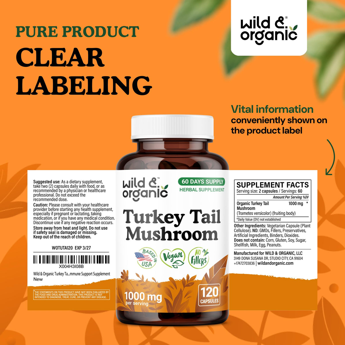 Flacon de Wild & Organic Turkey Tail sur une table en bois