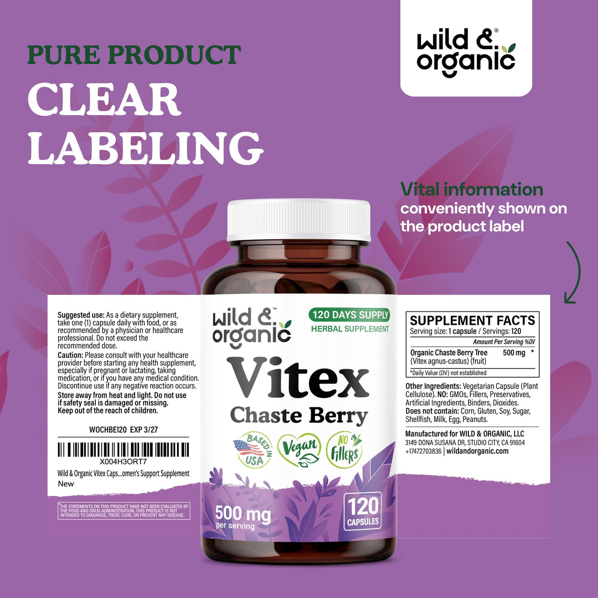 Flacon de Wild & Organic Vitex Chasteberry sur une table en bois