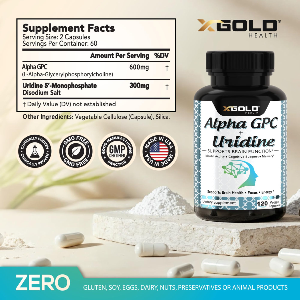 Flacon de X Gold Health Alpha GPC + Uridine 900mg, étiquette et dosage