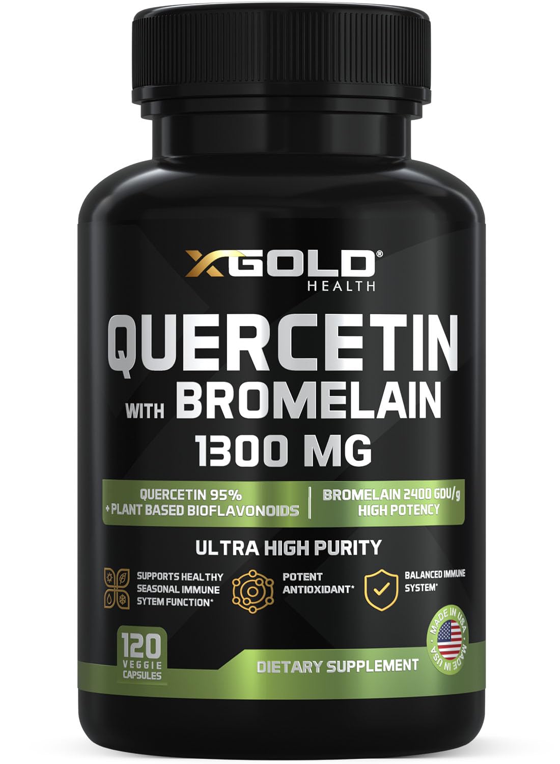 Flacon de X Gold Health Quercétine 1300 mg avec Bromélaïne, 120 capsules végétales