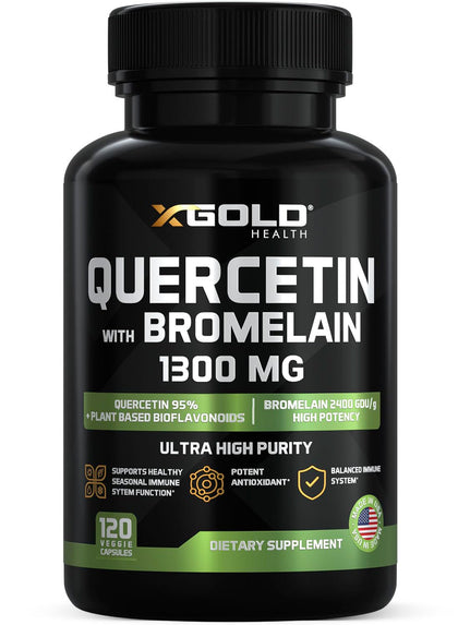 Flacon de X Gold Health Quercétine 1300 mg avec Bromélaïne, 120 capsules végétales