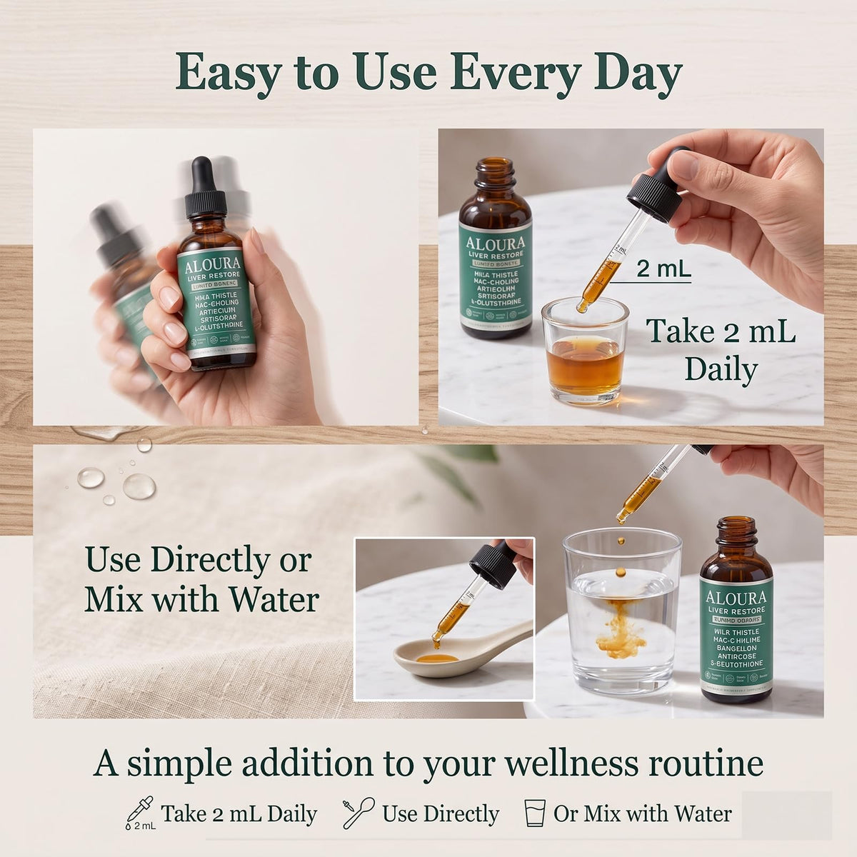 Flacon de XKHZRX Aloura Liver Restore Drops avec compte-gouttes en main