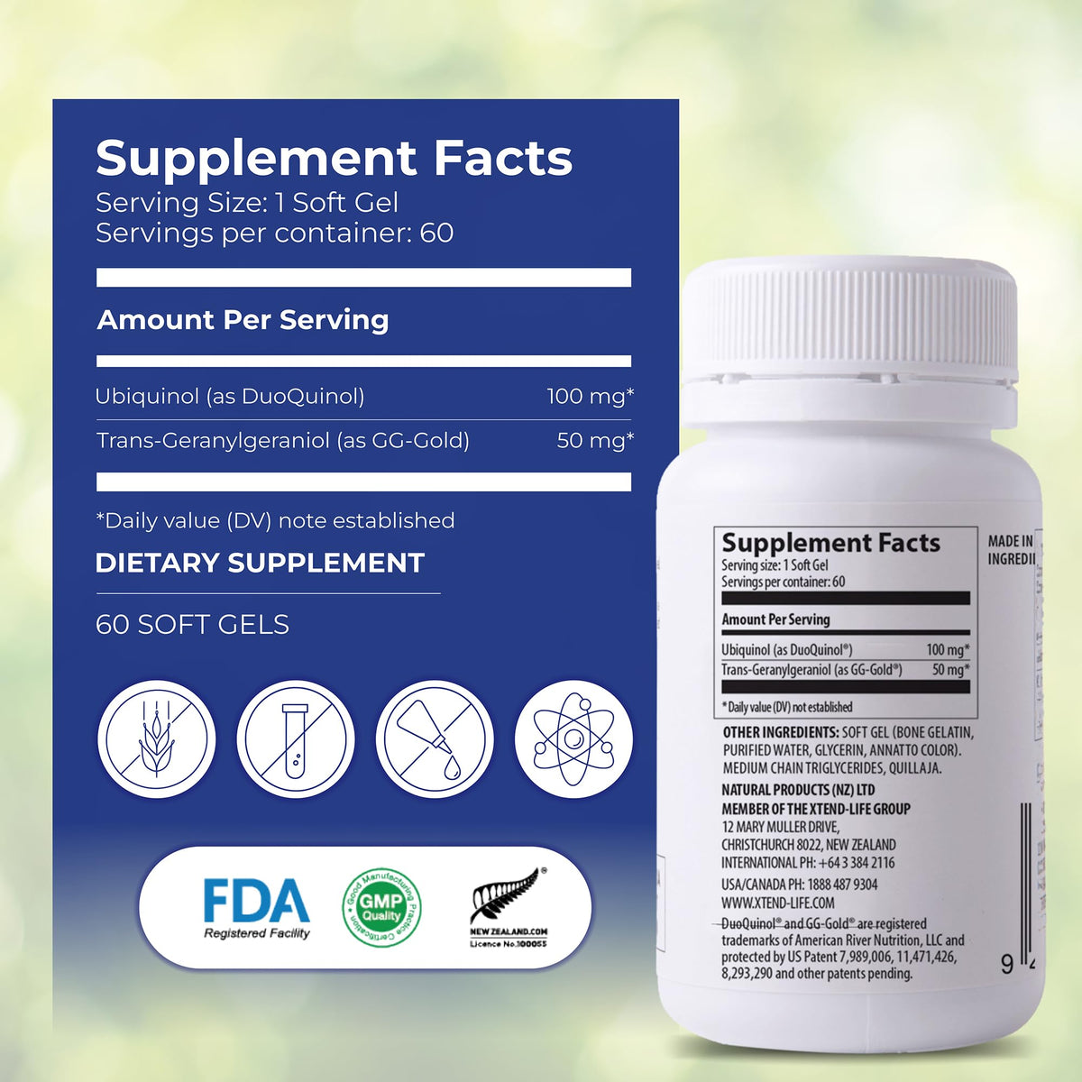 Flacon de Xtendlife Ubiquinol CoQ10 ouvert avec gélules