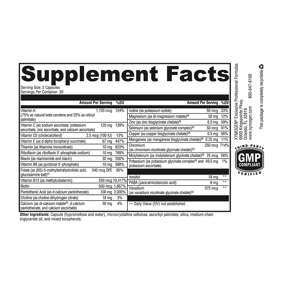 Flacon de XYMOGEN ActivNutrients sans fer, étiquette en gros plan