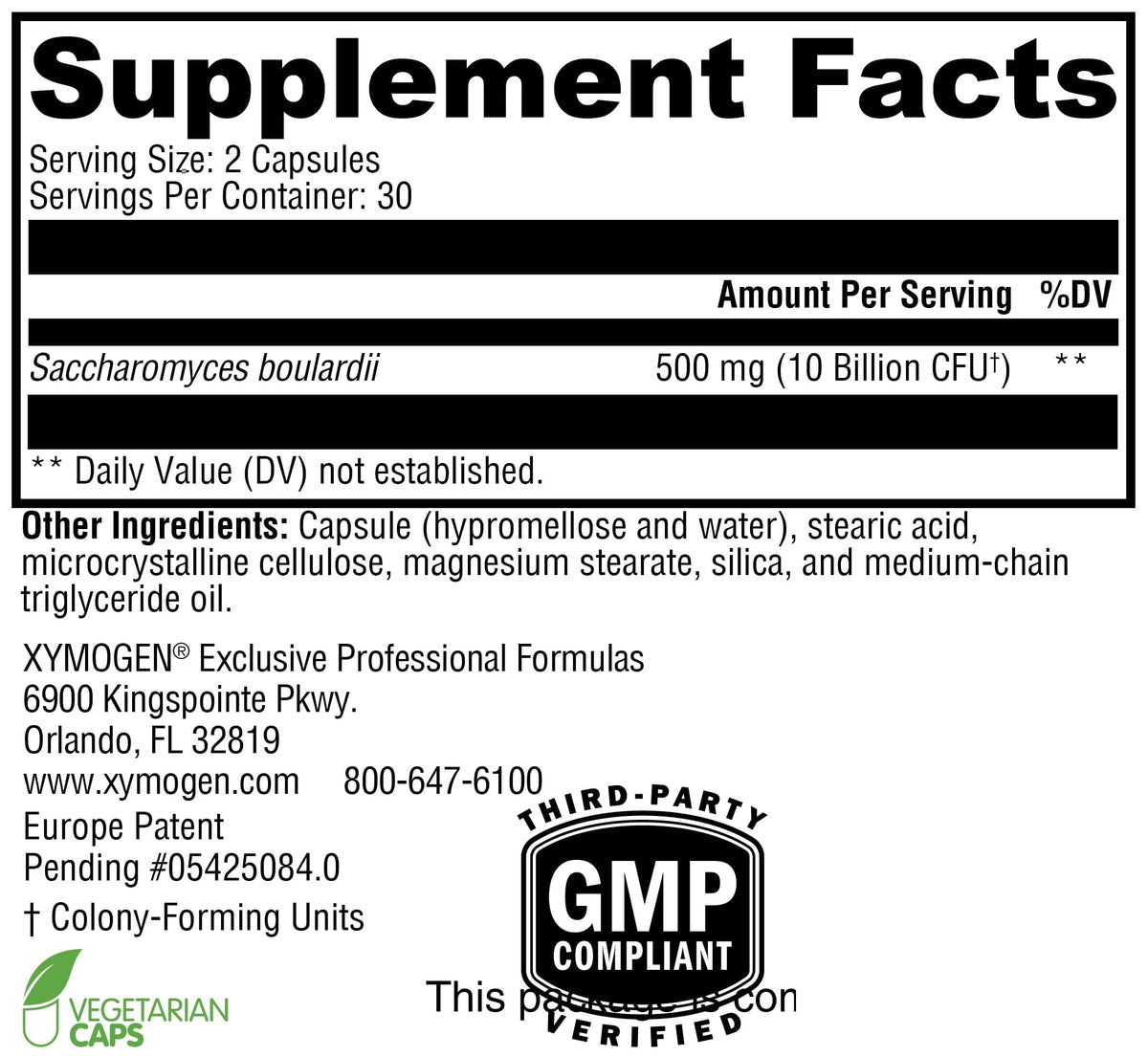 Flacon de XYMOGEN Saccharomycin 10B avec capsules