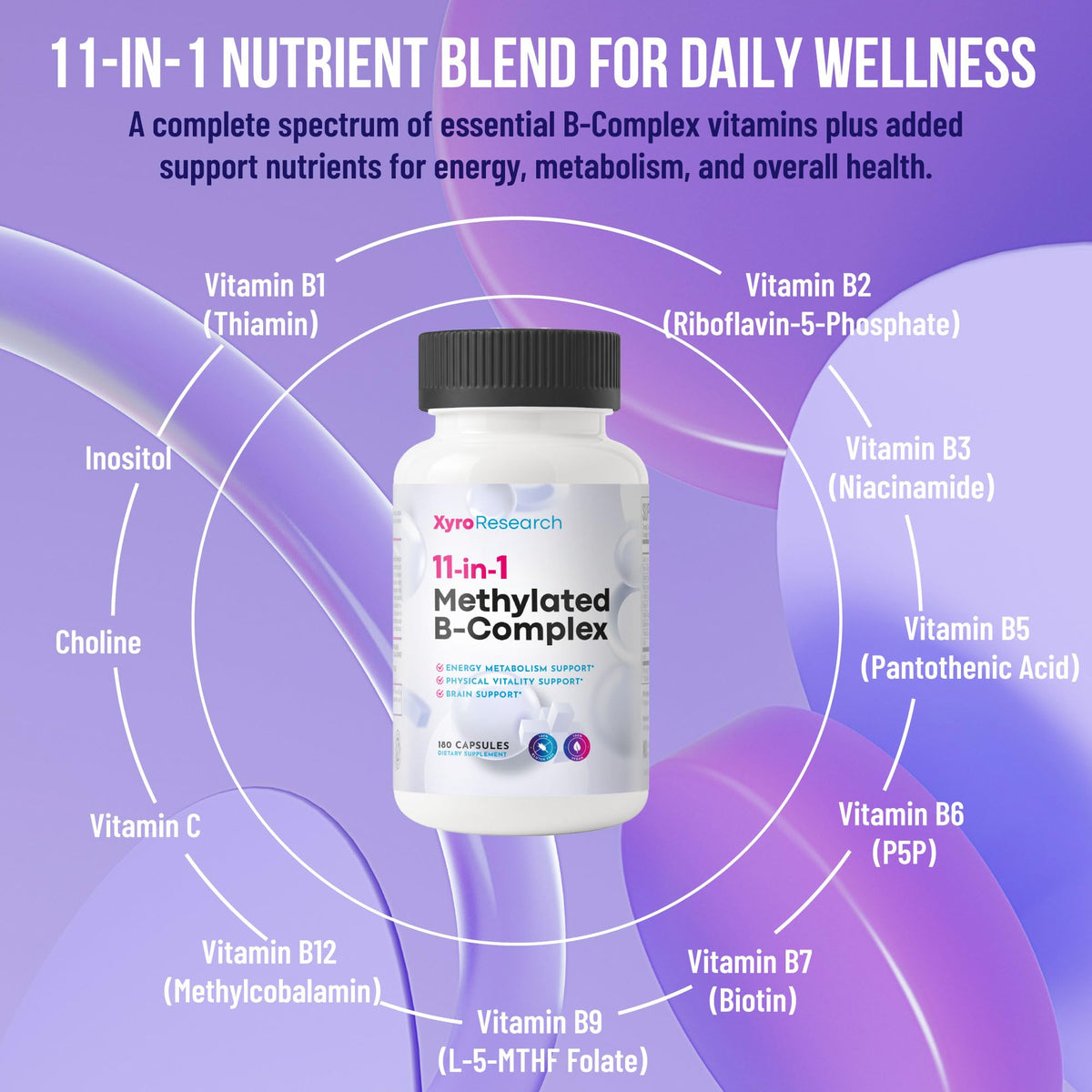 Flacon de Xyro Research B-Complex Methylé ouvert avec capsules