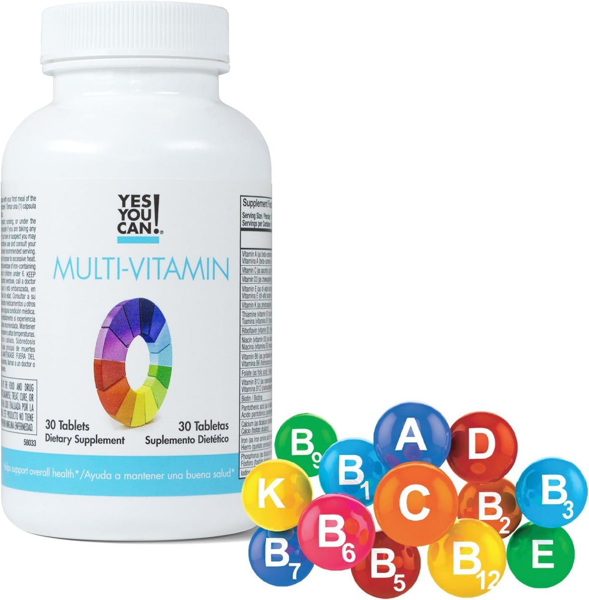 Flacon de Yes You Can! Multivitamines ouvert avec quelques tablettes