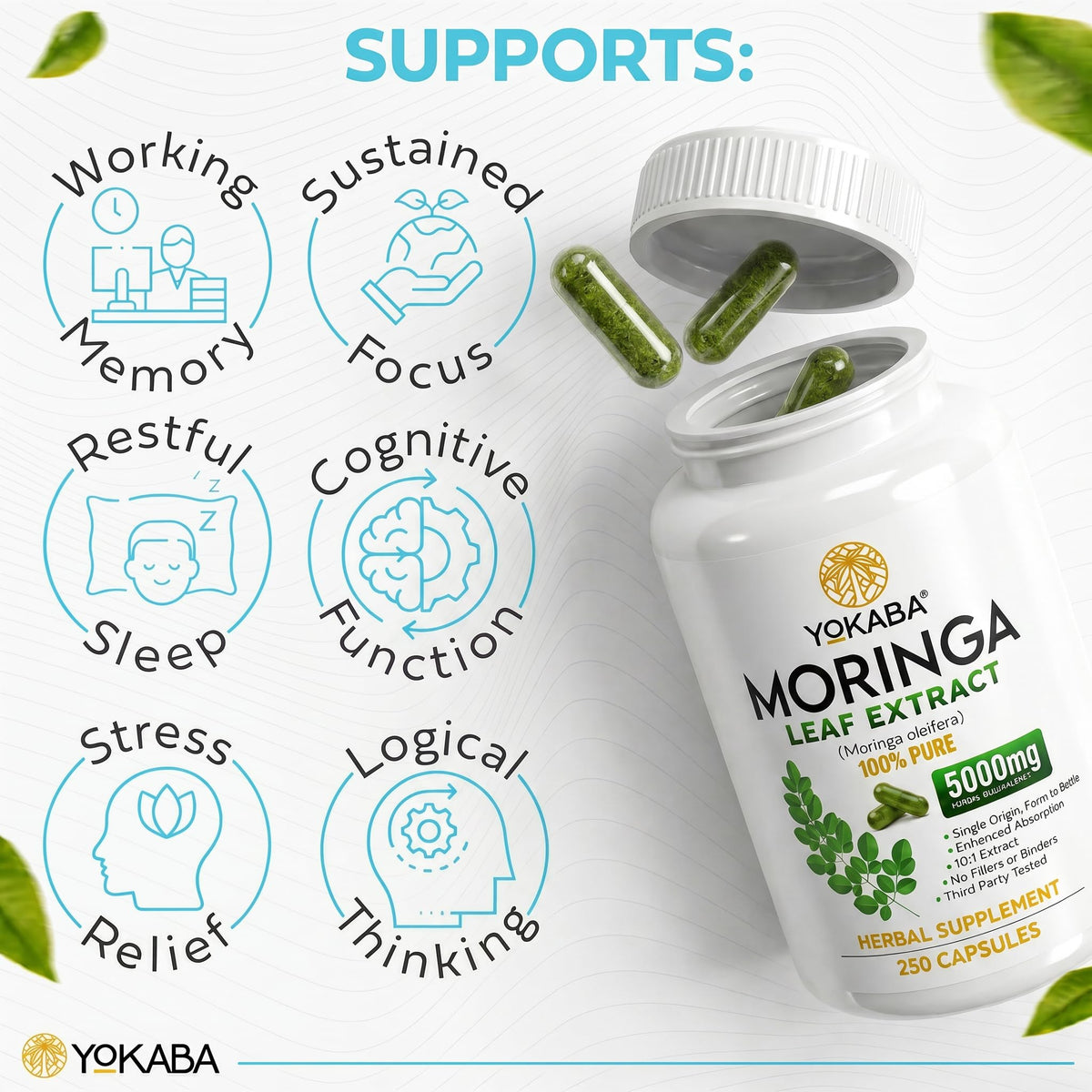 Flacon de Yokaba Moringa Oleifera ouvert avec capsules visibles