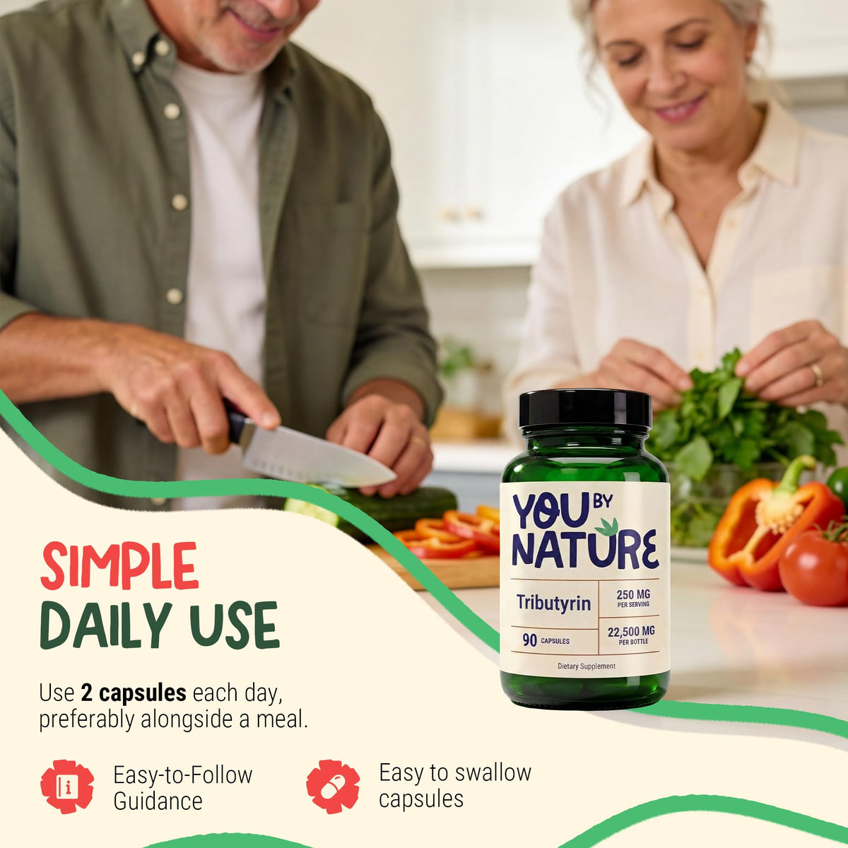 Flacon de YOUBYNATURE Tributyrin 250mg ouvert avec capsules visibles