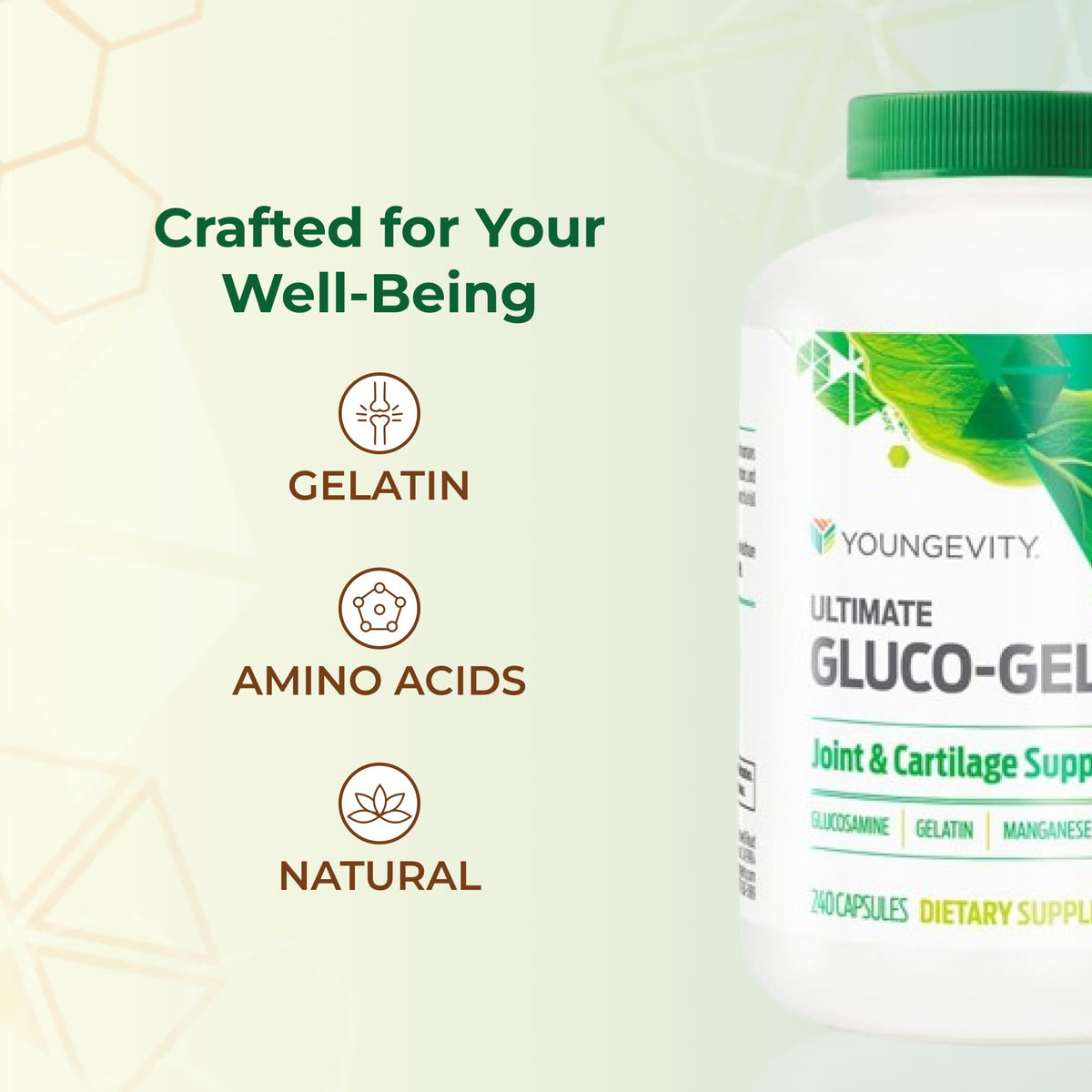 Flacon de Youngevity Gluco-Gel avec capsules autour