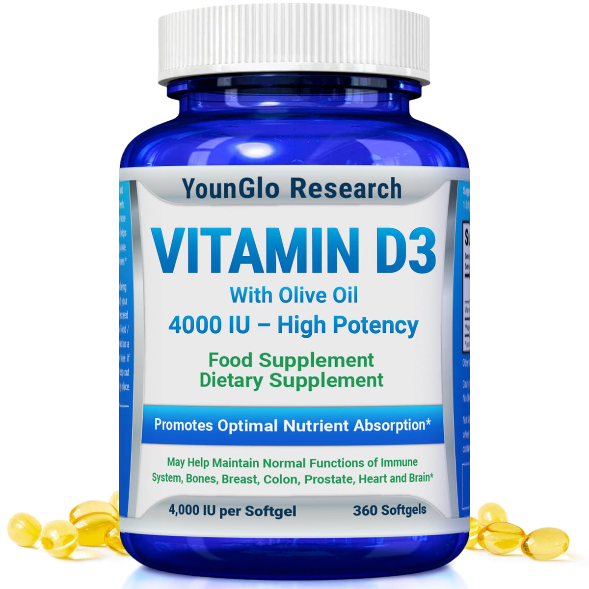 Flacon de YounGlo Research Vitamine D3 4000 IU 360 gélules