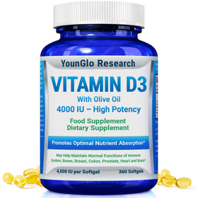 Flacon de YounGlo Research Vitamine D3 4000 IU 360 gélules