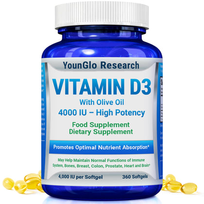 Flacon de YounGlo Research Vitamine D3 4000 IU 360 gélules