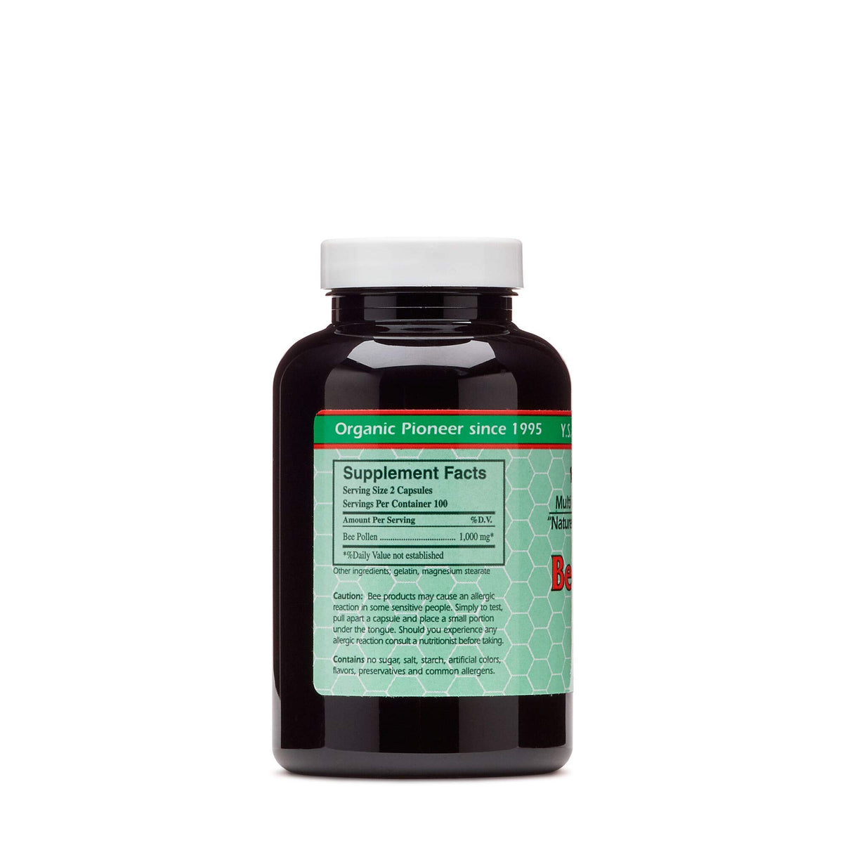 Flacon de YS Organic Pollen d'abeille 550 mg avec étiquette